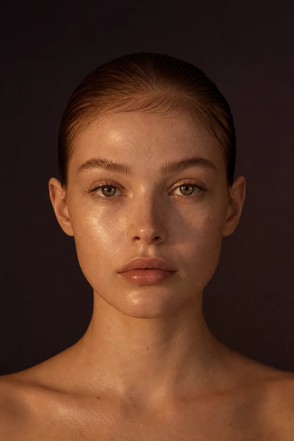 The same clean glow makeup shot in low evening lamplight, head square to camera, dewy skin catching a single warm light