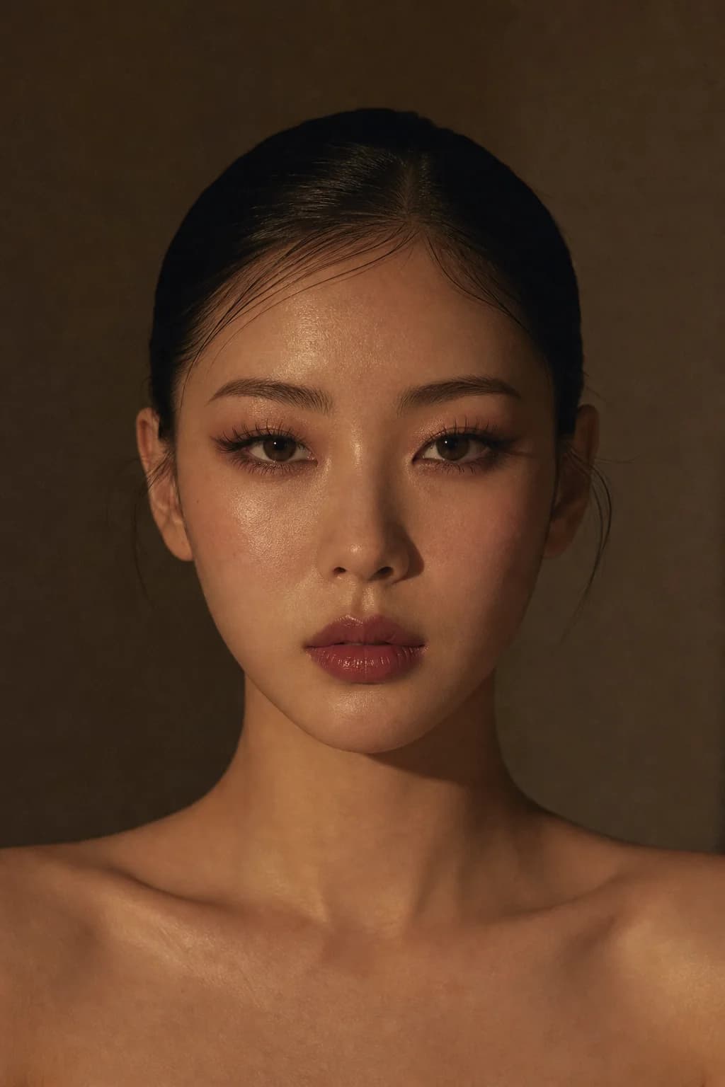 The same soft glam makeup shot in low evening lamplight, head square to camera, full lash and satin lip lit by a single warm lamp