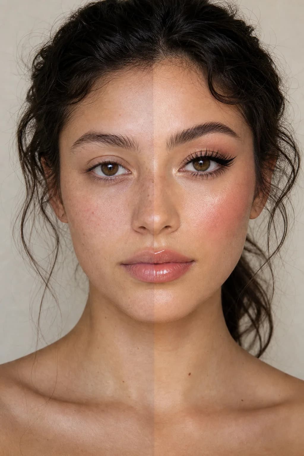 The same face side by side — bare skin on the left, the full Bambi glow on the right